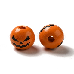 プリントブラックジャックオーランタンラウンドウッドヨーロピアンビーズ  大きな穴のハロウィーンのカボチャビーズ  オレンジ  16mm  穴：4mm&nbsp;WOOD-K007-03