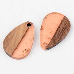 透明樹脂＆ウォールナットウッドチャーム  金金箔付き  ティアドロップ  ミックスカラー  21.5x14.5x3mm  穴：2mm&nbsp;RESI-S389-027A-B