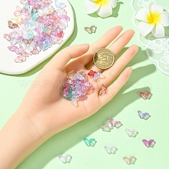 100個の透明スプレー塗装ガラスビーズ  蝶  グリッターパウダー付き  ミックスカラー  8x15x4.5mm  穴：1mm&nbsp;GLAA-YW0005-09