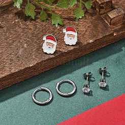 3ペア3スタイルクリスマス304ステンレススチールフープ＆スタッドピアスセット女性用  エナメル、キュービックジルコニア、ラインストーン付き  ステンレス鋼色  13~14x2~10mm  1ペア/スタイル&nbsp;EJEW-K279-16P-04