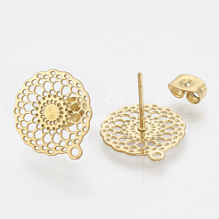 304ステンレススチールスタッドピアス金具  カン付き  フラットラウンド  ゴールドカラー  16x14.5mm  穴：1mm  ピン：0.7mm&nbsp;STAS-S079-32A