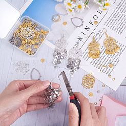 DIYシャンデリアピアス作成キット  真鍮製フープピアスのパーツを含む  合金リンク & ペンダント  ティアドロップ & フラット ラウンド ステンレス スチール カーブ チェーン & リンク コネクターー  アイアン製ピアスフック  ミックスカラー  18x20x3mm  穴：1mm&nbsp;DIY-SZ0009-62