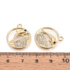 合金ラインストーンペンダント  フラットラウンド＆イルカ  鉛フリー＆カドミウムフリー  ライトゴールド  21x18x2.5mm  穴：1.8mm&nbsp;FIND-N008-09KCG