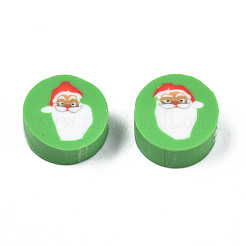 手作り樹脂粘土ビーズ  クリスマスをテーマにした模様でフラットラウンド  ミックスカラー  9.5~10x4~5mm  穴：1.6mm&nbsp;X-CLAY-N011-41