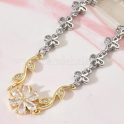 女性用真鍮マイクロパヴェキュービックジルコニアリンクチェーンブレスレット  花  長持ちメッキ  ラックめっき  カドミウムフリー＆鉛フリー  プラチナ＆本物の金メッキ＆本物のプラチナメッキ  透明  7.09インチ（18cm）&nbsp;BJEW-C156-04A-01GP