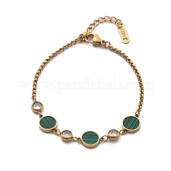 イオンプレーティング（IP）304ステンレススチールリンクブレスレット  女性用ローロチェーンジュエリー  キュービックジルコニア＆エナメル  18KGP本金メッキ  フラットラウンド  シーグリーン  6-5/8インチ（16.8cm）&nbsp;BJEW-P345-10G-04