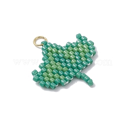 ガラスシードビーズペンダント  葉  304ステンレススチール製丸カン付き  18KGP本金メッキ  グリーン  20x20.5x1.5mm  穴：2.9mm&nbsp;PALLOY-MZ00916-02