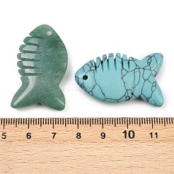 合成ターコイズ、天然ローズクォーツ、タイガーアイ、オブシディアン、グリーンアベンチュリンの彫刻ペンダント  魚のチャーム  染めと未染色の混合  36.5~37.5x22.5~23.5x7.5~8.5mm  穴：1.8~2mm&nbsp;G-B152-01B