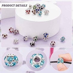 50個 10色 真鍮ラインストーン ヨーロピアンビーズ  丸い大きな穴ビーズ  ミックスカラー  12x10mm  穴：4mm  5個/カラー&nbsp;RB-NB0001-23
