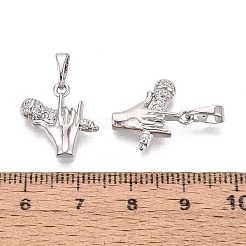 真鍮マイクロパヴェクリアキュービックジルコニアペンダント  マイクチャーム付きの手  プラチナ  16x16x3.5mm  穴：6x3mm&nbsp;KK-Q073-03P