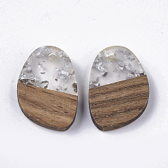 透明樹脂＆ウォールナットウッドチャーム  銀箔付き  ティアドロップ  銀  21x15~16x3.5mm  穴：2mm&nbsp;X-RESI-Q210-006A-A02