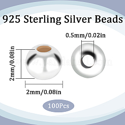 925スターリングシルバービーズ  ラウンド  銀  2x2mm  穴：0.5mm  100個/箱&nbsp;STER-SC0001-26A