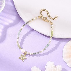 真鍮製マイクロパヴェクリアキュービックジルコニアチャームブレスレット  グラデーションカラーの天然石ミックスファセットカットラウンドビーズブレスレット（天然パール付き）女性用  ゴールドカラー  混合図形  ミックスカラー  6.56インチ（16.65cm）&nbsp;BJEW-JB14399