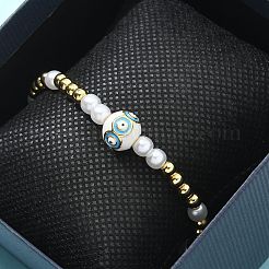 女性用真鍮ビーズストレッチブレスレット  18KGP本金メッキ  目でラウンド  ターコイズ  1/4インチ（0.5cm）  内径：2-1/8インチ（5.5cm）&nbsp;BJEW-G736-03A