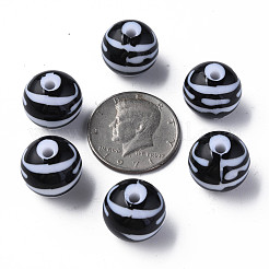 不透明な縞模様のアクリルビーズ  ラウンド  ブラック  19mm  穴：3mm  約112個/500g&nbsp;MACR-S373-27B-10