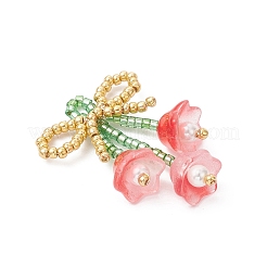 ガラスシードビーズの蝶結びと花のペンダント  レッドオレンジ  38x27x12mm  穴：3x2.5mm&nbsp;PALLOY-MZ01129-01