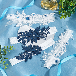Ahademaker 2 セット 2 スタイル レース弾性 & ポリエステル レース ブライダル ガーター  花柄  プラスチックパールビーズ付き  女性の結婚式の服のアクセサリー  ミックスカラー  370~405x26~100mm  1セット/スタイル&nbsp;AJEW-GA0004-75