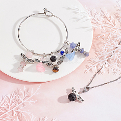天使の宝石/ガラスのペンダント装飾  金属カニカン付き  翼合金ビーズとアクリルビーズ  アンティークシルバー＆プラチナ  43mm  24個/箱&nbsp;HJEW-SC0001-09