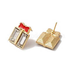 女性のためのクリスマスエナメルちょう結びギフトボックス合金ガラススタッドピアス  304ステンレスピン付き  カドミウムフリー＆ニッケルフリー＆鉛フリー  ライトゴールド  17x14.5mm  ピン：0.7mm&nbsp;EJEW-E284-07LG