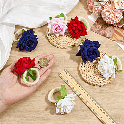 麻ロープとポリエステルのバラの花のナプキンリング8個（4色）  ナプキンホルダー装飾  レストランのデイリーアクセサリー  ミックスカラー  63.5x67.5x70.5mm  2個/カラー&nbsp;AJEW-MA0001-22