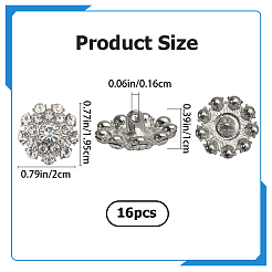 16 個の 1 穴合金シャンクボタン  ラインストーン付き  花  プラチナ  クリスタル  19.5x20x10mm  穴：1.6mm&nbsp;BUTT-GF0001-27