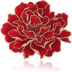 牡丹のポリエステル刺繍縫い付けパッチ4個  布のアップリケ  レッド  123x147x1.5mm&nbsp;PATC-CY0001-72B