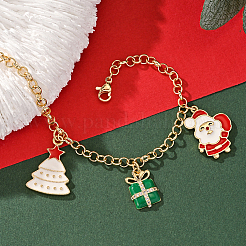 クリスマスの真鍮エナメルチャームブレスレット  女性用ローロチェーンブレスレット  クリスマスツリーとサンタクロースとギフト  カラフル  内径：6-7/8インチ（17.5cm）&nbsp;RL1643