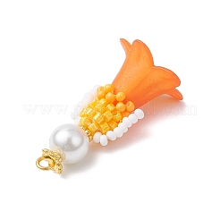 ガラスシードビーズの花の置物ペンダント  ガラスパールとアクリル  オレンジ  33x18x17.5mm  穴：2.5mm&nbsp;PALLOY-MZ00686-05