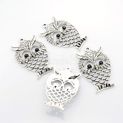 アンティーク銀合金ラインストーンフクロウ大きなペンダントメッキ  57x36x5mm  穴：2mm&nbsp;PALLOY-N0071-01