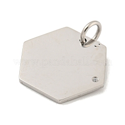 304ステンレススチールラインストーンペンダント  丸カン付き  六角チャーム  ステンレス鋼色  20x22.5x1.5mm  穴：3.7mm&nbsp;STAS-P356-34P
