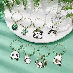 8 個 8 スタイルパンダ合金エナメルワイングラスチャーム  真鍮のフープピアスとガラスビーズ付き  ミックスカラー  50~59mm  内径：22.5mm  1個/スタイル&nbsp;AJEW-JO00211