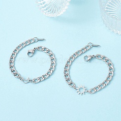 304ステンレススチールコネクタチャームリンクブレスレット2個  女性用キューバンリンクチェーンブレスレット  スター＆ムーン  ステンレス鋼色  7-1/2インチ（19cm）&nbsp;BJEW-JB12935