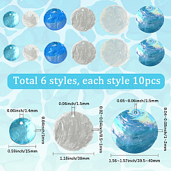 60個 6スタイル フラットラウンドカピスシェルペンダント  ミックスカラー  15~40x0.5~2mm  穴：1.2~1.5mm  10個/スタイル&nbsp;SSHEL-SC0001-45