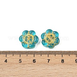 焼き付け塗料と金色の金属で覆われたガラスビーズ  花  ダークターコイズ  13x14x4.5mm  穴：1.2mm&nbsp;DGLA-T004-10H