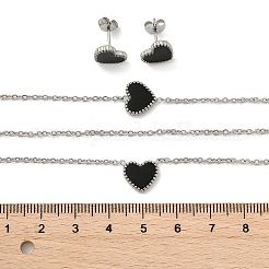 304ステンレススチールジュエリーセット  ペンダントネックレス＆スタッドピアス＆ブレスレット  エナメル  ハート  ステンレス鋼色  16.93インチ（43cm）  7-1/8インチ（18cm）  9x10x2mm  ピン：0.8mm&nbsp;SJEW-H129-22P