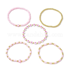 5個 5スタイル ハートアクリル&ガラスシードビーズストレッチブレスレットセット  女性用スタッカブルブレスレット  ピンク  内径：2~2-3/8インチ（5.2cm）  1個/スタイル&nbsp;BJEW-JB10473-02