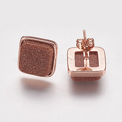 合成ゴールドストーンスタッドピアス  真鍮パーツ  ローズゴールド本金メッキ  正方形  12x12x4.5~6mm  ピン：1mm&nbsp;EJEW-F139-A05