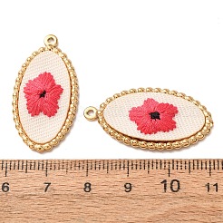304ステンレススチールと布刺繍のペンダント  オーバル フラワーチャーム付き  イオンプレーティング（ip）  長持ちメッキ  18KGP本金メッキ  サクランボ色  32.5x17x3mm  穴：1.5mm&nbsp;FB-CBAFBAF-11G-01