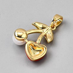 真鍮製エナメルペンダント  ABSの模造パールと  チェリーチャーム  ゴールドカラー  レッド  18x15.5x7mm  穴：5x3mm&nbsp;KK-CJC0014-03B