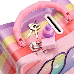 子供用のユニコーンヘッドの鉄の貯金箱  男の子、女の子のための貯金箱を節約する  コインバンク  プラスチック製のハンドル付き  ロック  ピンク  143x114x80mm&nbsp;LS-AJEW-G053-01A