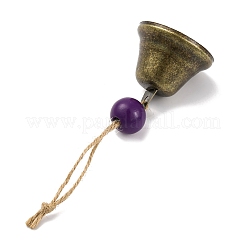 鉄の鐘の吊り飾り  家のドアの壁の装飾用の木製の丸いビーズとジュートコード  パープル  120mm&nbsp;HJEW-JM02445