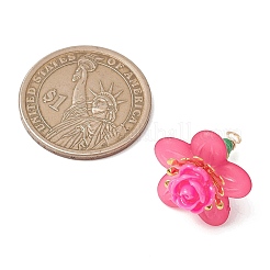 ガラスシードビーズのバラの花のペンダント  アクリルと銅線を使用  ライトゴールド  濃いピンク  25.5~26x19.5~20mm  穴：2mm&nbsp;PALLOY-MZ01231-01