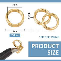 真鍮キーホルダー留め具2セット  スプリットキーリング  18KGP本金メッキ  6x1.5mm  内径：4mm  50個/セット&nbsp;KK-BC0014-47A