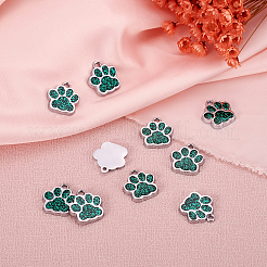 合金エナメルチャーム  グリッターパウダー付き  犬の足跡  プラチナ  濃い緑  17.7x16.6x2mm  穴：2mm&nbsp;ENAM-TAC0001-05B