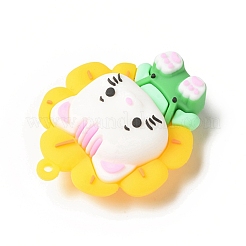 不透明樹脂猫ビッグペンダント  ひまわりの子猫のチャーム  ミディアムシーグリーン  55x45x20mm  穴：3mm&nbsp;X-RESI-D065-E02