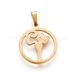 304ステンレススチール子猫ペンダント  漫画猫の形をしたリング  ゴールドカラー  19~20x16~17x1.5mm  穴：5x2.5mm&nbsp;STAS-P234-40G