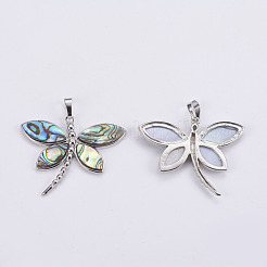 アワビの殻/パウア殻のペンダント  プラチナ調の真鍮製のベール  トンボ  36x43.5x4mm  穴：5x8mm&nbsp;SSHEL-L008-26P