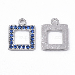 304ステンレスペンダント  ラインストーン付き  正方形  サファイア  16.5x13x2mm  穴：1.6mm&nbsp;STAS-T050-005B