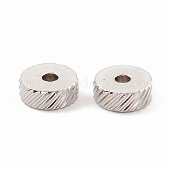 変色しない201ステンレススチールスペーサービーズ  ツイルテクスチャーのフラットラウンド  ステンレス鋼色  8x3mm  穴：2mm&nbsp;STAS-A057-26C-P
