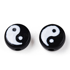 不透明なアクリルビーズ  陰陽模様とフラットラウンド  ブラック  7x4mm  穴：1.5mm&nbsp;SACR-T338-13